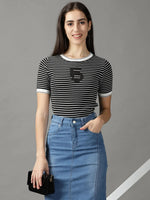 Women's Black Striped Fitted Top-RY-3179-Black