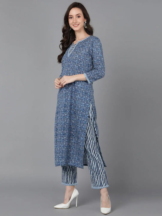 Ahika Women Blue Cotton Printed Straight Kurta Pant Set With Dupatta-VKSKD1616_XS