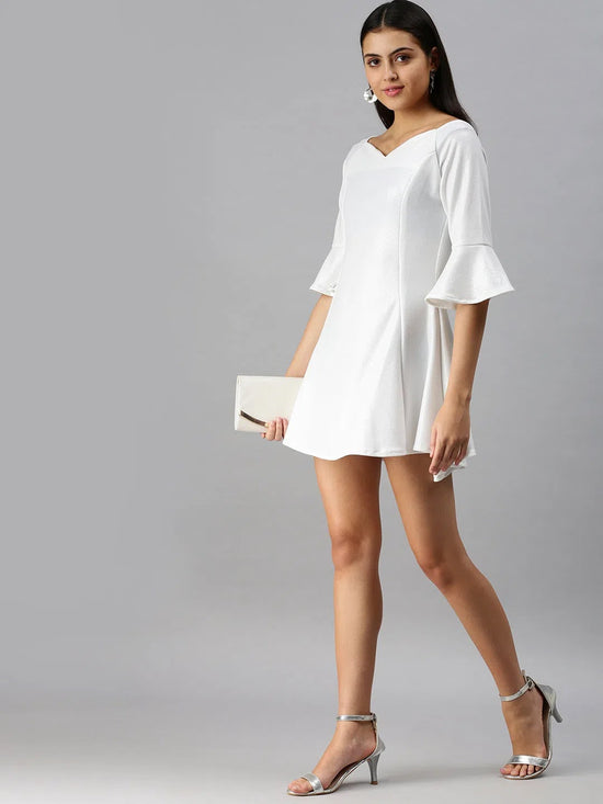 Women's Fit and Flare White Solid Dress-AE-9895-White