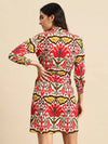 Front tie up shirt dress in Red and Cream Ikkat Print