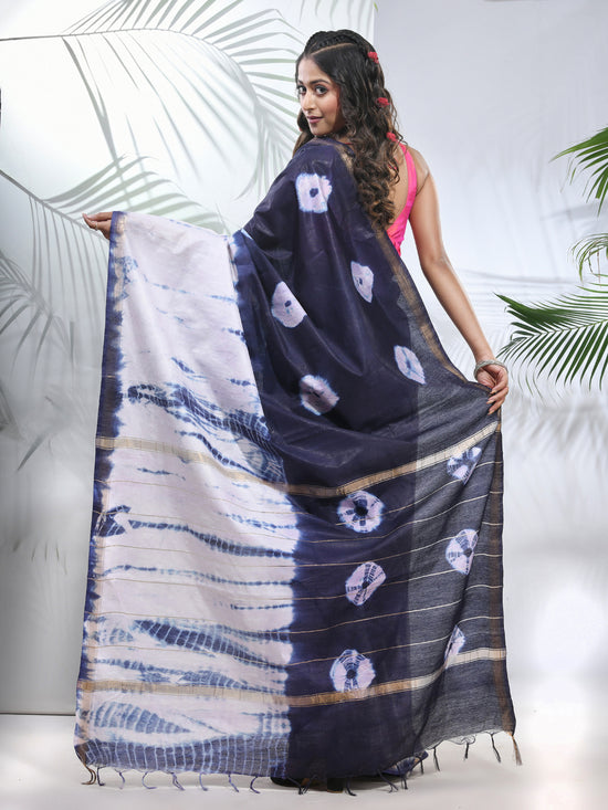 Navy Blue And White Shibori Printed Silk Saree-MA56BSL34610008