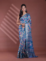 Teal Blue Foliage Print Silk Soft Saree With Zari Border-MA60BSL01460024