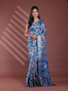 Teal Blue Foliage Print Silk Soft Saree With Zari Border-MA60BSL01460024