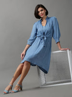 Women's Blue Solid Fit and Flare Dress-AE-15096-Blue