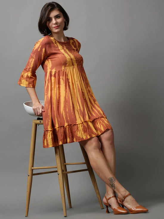 Women's Brown Tie Dye Empire Dress-ON-584-Brown