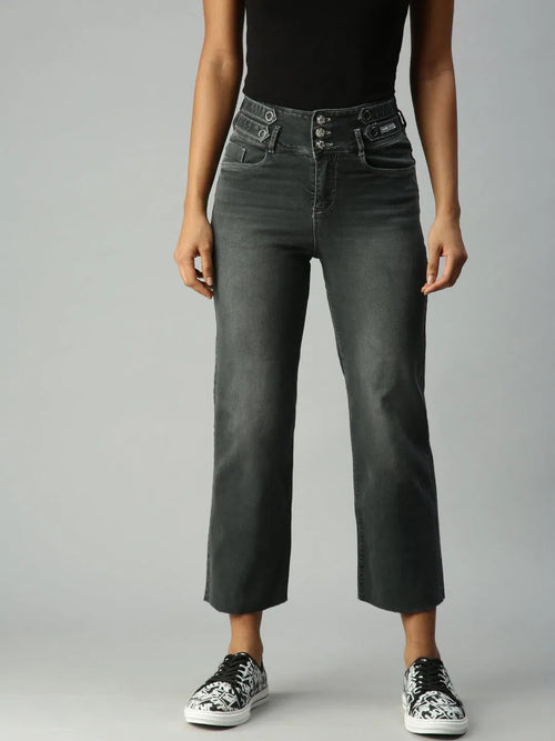 Women's Grey Solid Denim Wide Leg Jeans-IM9821-Grey