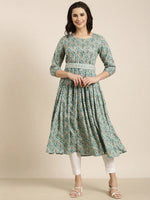 Women Anarkali Sea Green Geometric Kurta Comes With Belt-AT-A1177-LG-Seagreen