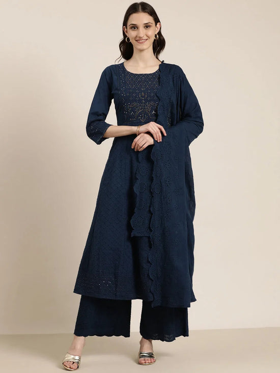 Women Navy Blue Solid Kurta Set-GW-2997-Navyblue