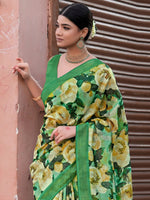 Saree Mall Women's Linen Blend Green Printed Designer Saree With Blouse Piece-NITRA306