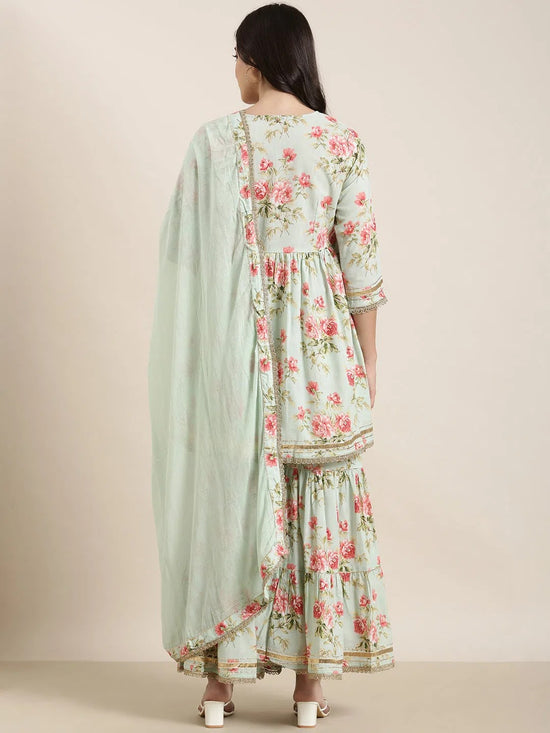 Women Anarkali Sea Green Floral Kurti and Sharara Set Comes With Dupatta-TF-131-Seagreen