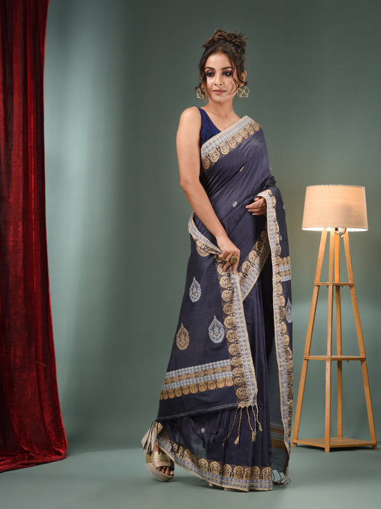 Dark Grey Cotton Handwoven Saree With Woven Designs-MA50CT061410090