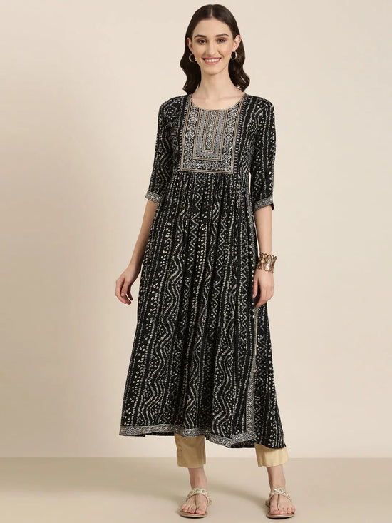 Women Black Printed Anarkali Kurta-SNG-2315-Black