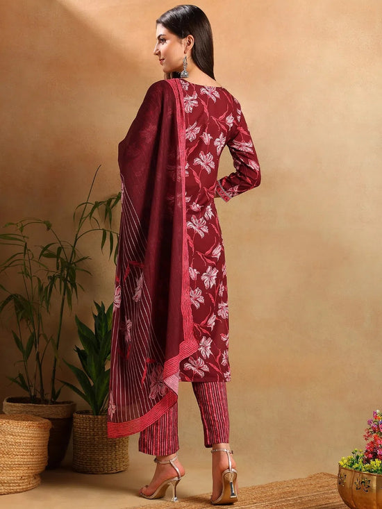 Ahika Women Maroon Rayon Blend Floral Printed Straight Kurta Trousers With Dupatta-VKSKD2266