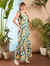 Women Sea Green Floral Back Tie Maxi Dress