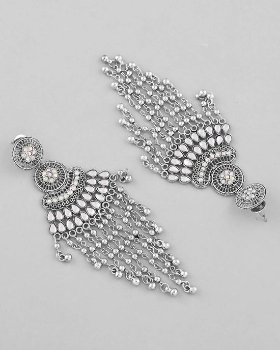 Silver-Plated Ghungroo Oxidized Drop Long Earrings-VOJ377