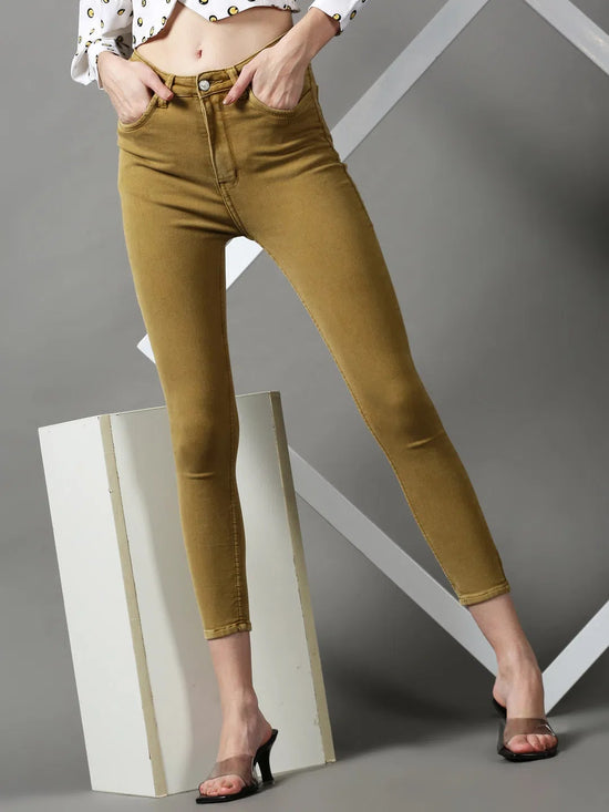 Women's Khaki Solid Skinny Fit Denim Jeans-GZ-5288-Khaki