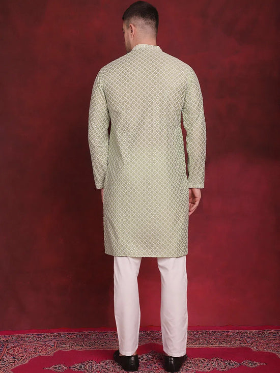 Sequin Chikankari Front Open Kurta With Pyjamas-JOKP-P-5029Pista