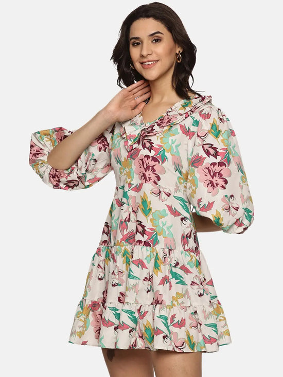 Floral Multicolor Puff Sleeve Mini Dress-17313