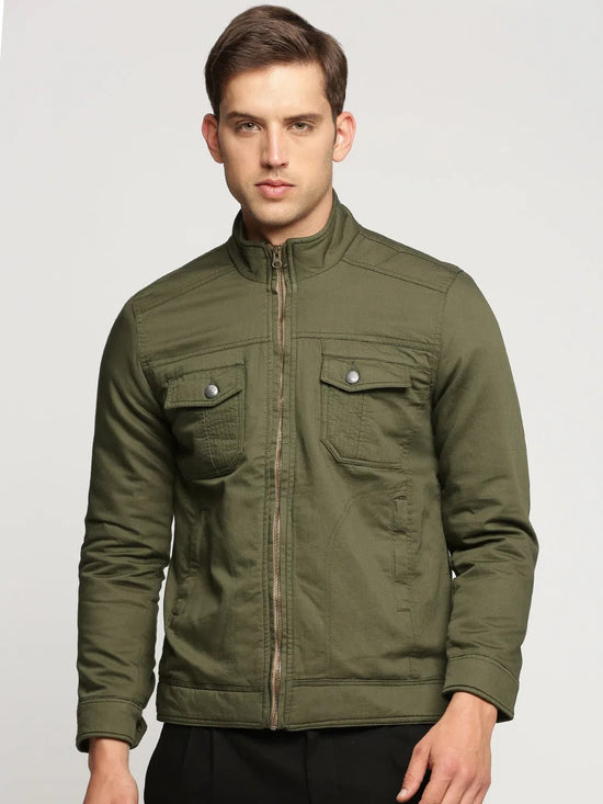 Men Olive Mock Collar Solid Tailored Jacket-SO-21-Olive