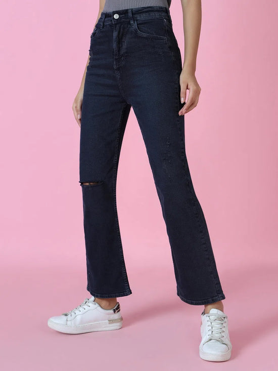 Women's Navy Blue Solid Wide Leg Denim Jeans-GZ-5290-Navyblue