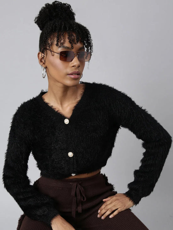 Women Solid Black Crop Cardigan-CHN-7064-Black