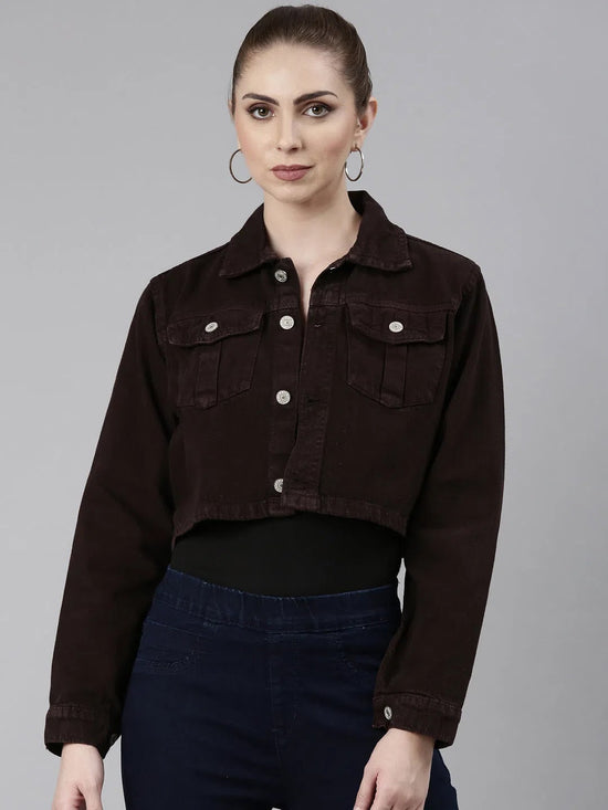 Women Coffee Brown Solid Denim Jacket-GZ-5600-Coffeebrown