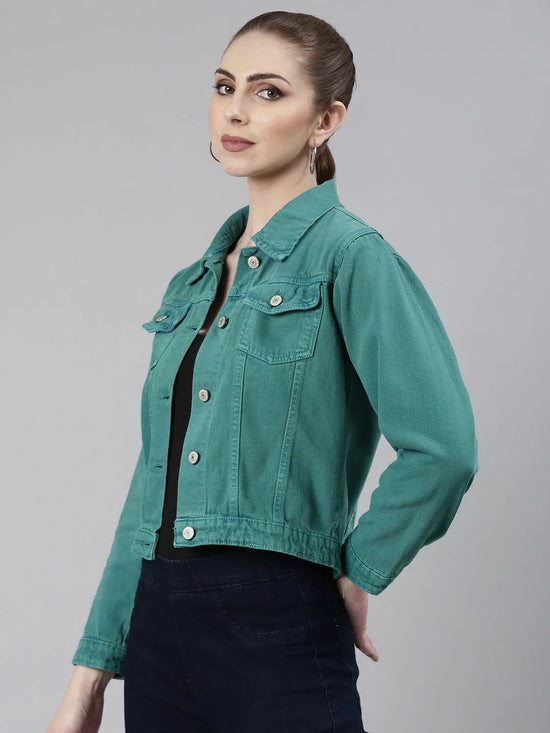 Women Turquoise Blue Solid Denim Jacket-GZ-5598-Turquoiseblue