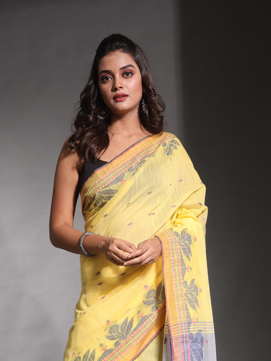 Banana Yellow Cotton Soft Saree With Temple Border And Woven Designs-MA54BCT04660055