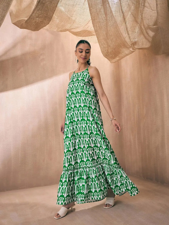 Women Green & White Ikat Halter Neck Loose Tiered Maxi