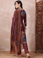 Ahika Women Brown Silk Blend Floral Printed Straight Kurta Trouser With Dupatta-PKSKD2552BRN