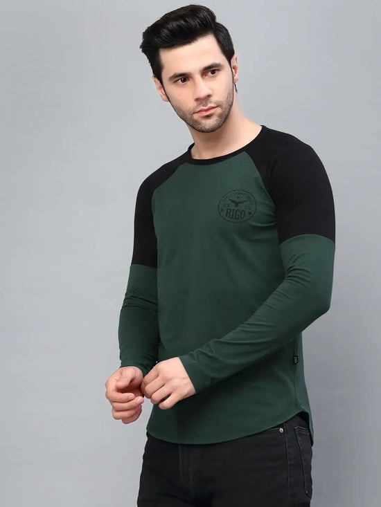 Rigo Bottle Green Round Neck Raglan Full Sleeve Printed T-Shirt