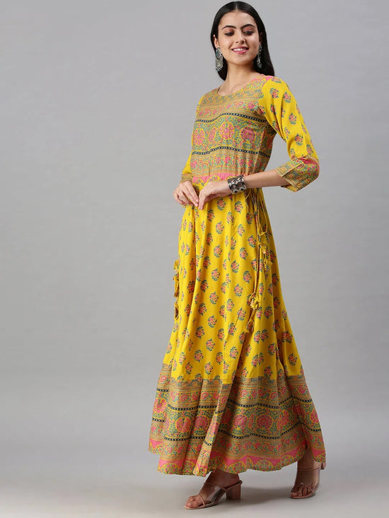 Women's Yellow Printed Anarkali Kurta-AAPNOSA258-Yellow