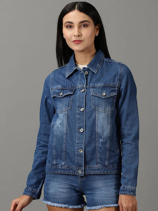 Women's Navy Blue Solid Denim Jacket-IM-10450-Navyblue