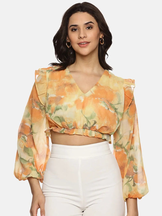 Floral Yellow Front Gathered Crop Top-17314