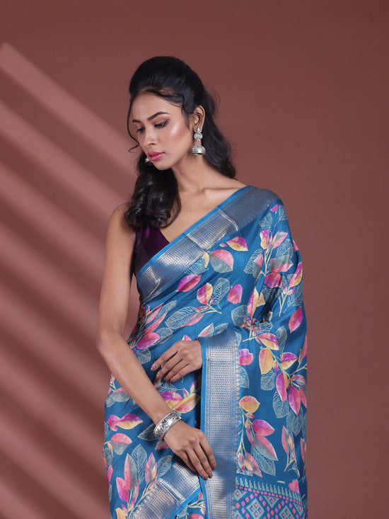 Teal Blue Foliage Print Silk Soft Saree With Zari Border-MA60BSL01460024