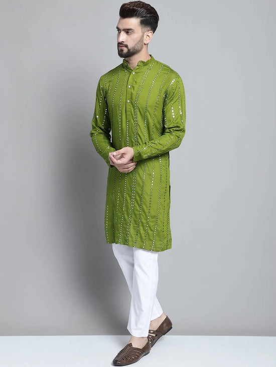 Men's Embroidered Mirror Work Kurta Payjama Sets-JOKP-P-694Olive