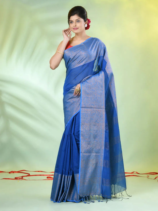 Sapphire Blue Cotton Saree With Zari Borders-MA66BCT43620004