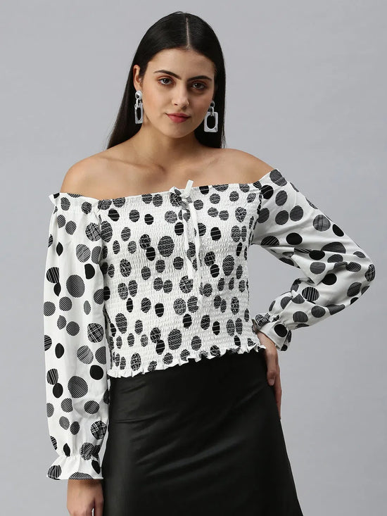 Women's Printed White Top-AE-10267-Whiteblack