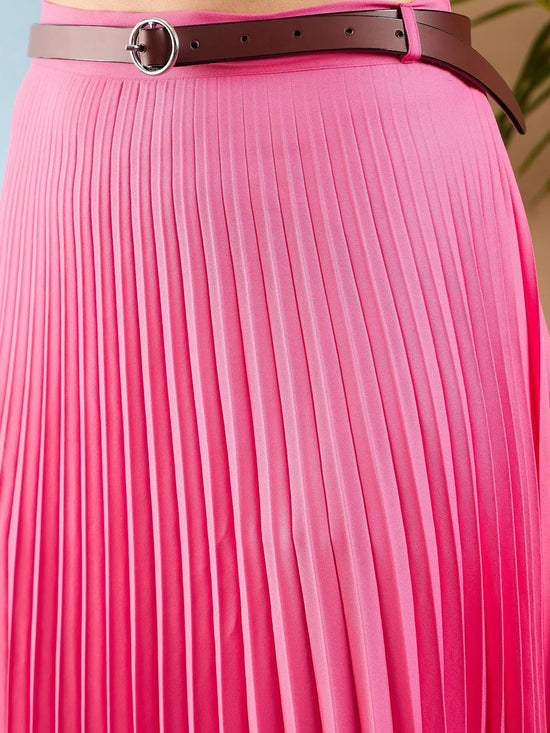 Women Pink Accordion Pleated Midi Skirt