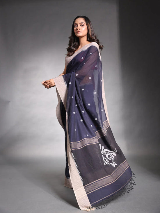 Navy Blue Pure Cotton Soft Saree With Temple Border-MA54CT041380013