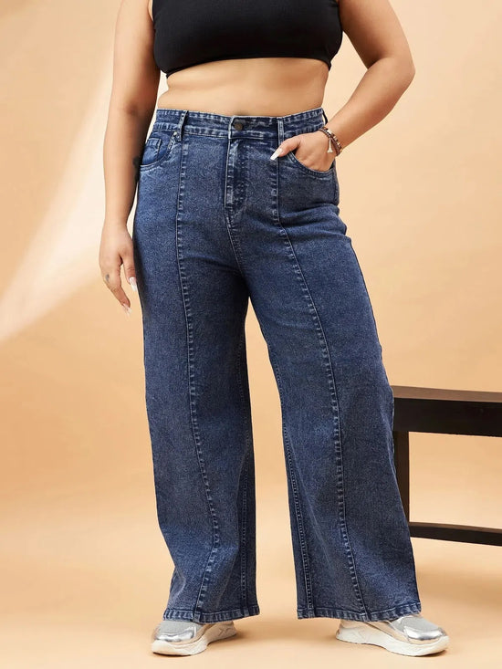 Women Blue Wash High Waist Seam Detail Straight Jeans