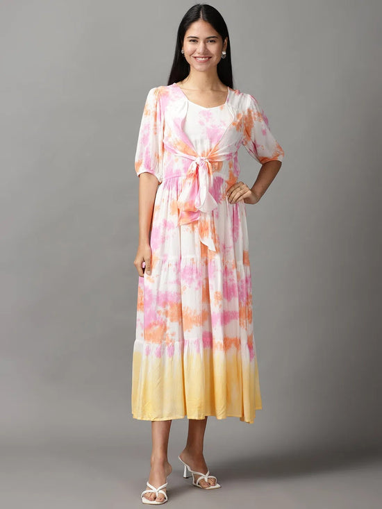 Women's White Tie Dye Fit and Flare Dress-ON-605-Whitepink