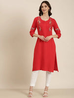 Women Red Solid Straight Kurta-DF-1549-Red