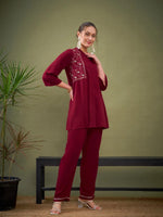 Women Maroon Yoke Embroidered Shirt With Palazzos