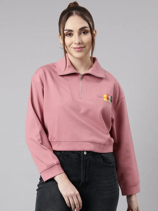 Women Peach Solid Front-Open Oversized Crop Sweatshirt-AF-2099-Peach