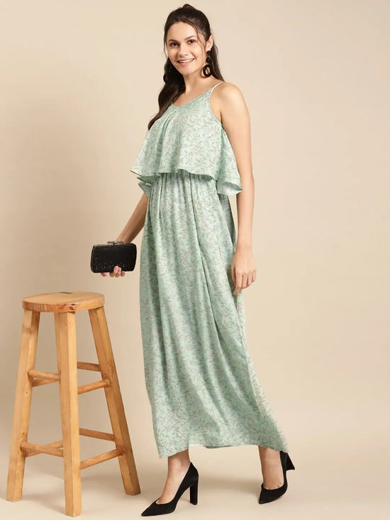 Printed Maxi with Flare yoke in Powder Blue