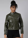 Women Solid Olive Biker Jacket-1801-Olive