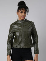 Women Solid Olive Biker Jacket-1801-Olive