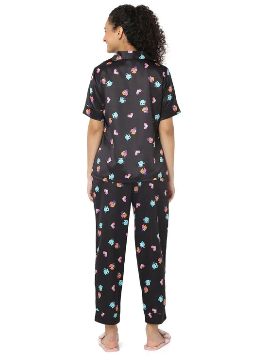 Smarty Pants Women's Silk Satin Black Color Owl Print Night Suit