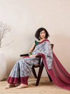 Ahika Women Grey Linen Ikat Printed Saree-VFSAR1032